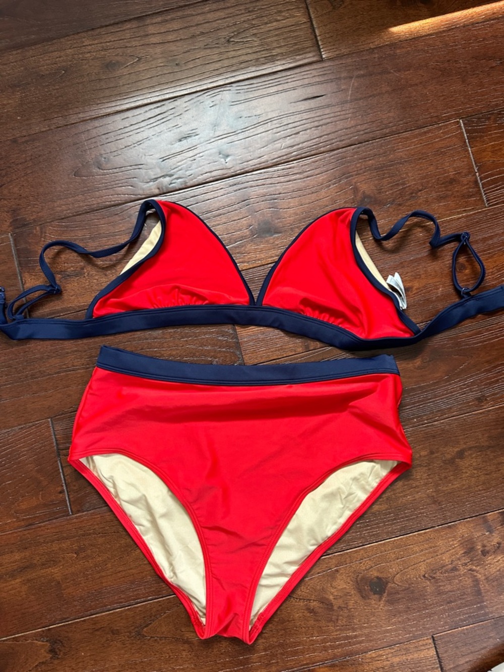 Old Navy Classic Red High-Waist Bikini with Navy Trim - Women Swim Sz L